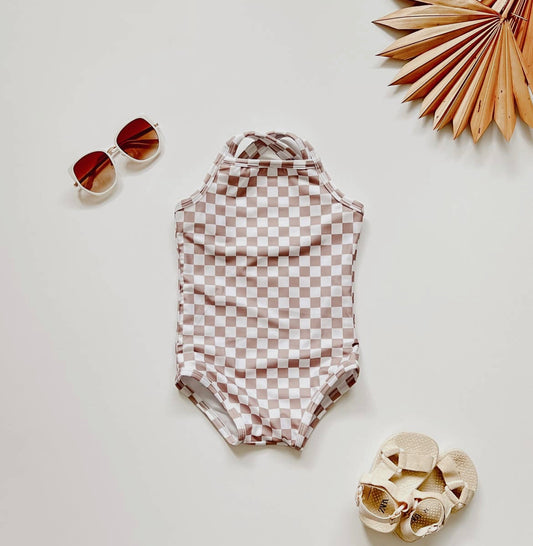 Tan Checkered One Piece Swimsuit